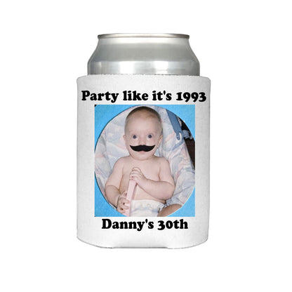 Set of 24, 30th Birthday Can Coolers with your Picture or photo 30th birthday party favor makes a great 30th birthday gift for a friend.